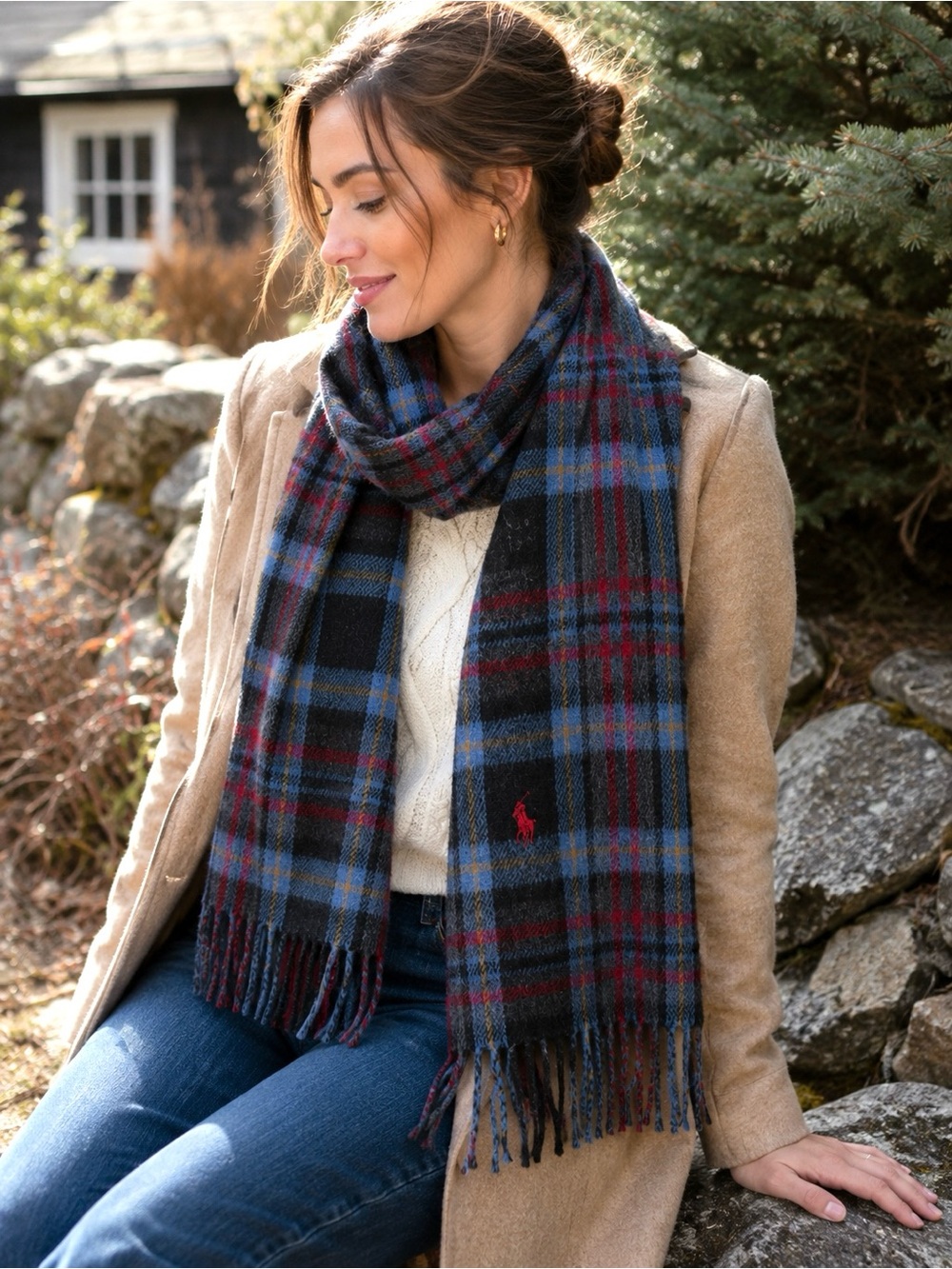 Polo Ralph Lauren Plaid Virgin Wool Reversible Fringe Scarf Italy 70x9